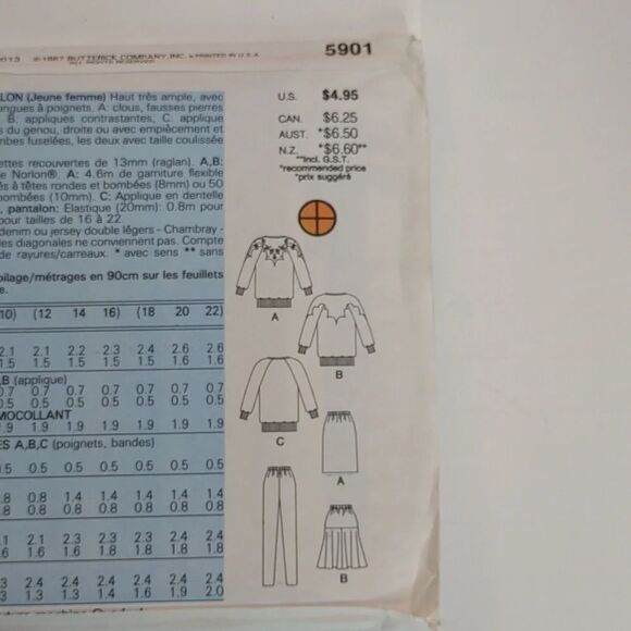 Vintage 80s Butterick Pattern 5901 Uncut Sweatshirt Skirt Pants 6 8 10 - Picture 5 of 9